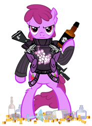 Size: 1027x1400 | Tagged: safe, artist:pixelkitties, character:berry punch, character:berryshine, species:pony, bipedal, drink, gun, punisher, rifle, simple background, the punisher, transparent background