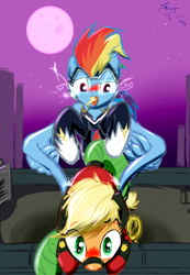 Size: 888x1284 | Tagged: safe, artist:frist44, character:applejack, character:mistress marevelous, character:rainbow dash, character:zapp, ship:appledash, episode:power ponies, g4, my little pony: friendship is magic, blushing, butt touch, feathermarking, female, flirting, lesbian, never doubt tchernobog's involvement, rooftop, shipping, shocked