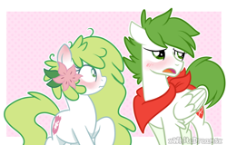 Size: 1024x656 | Tagged: safe, artist:xwhitedreamsx, oc, oc:gracidea, species:pony, blushing, confession, crossover, female, flower, flower in hair, male, mare, pokémon, ponified, shaymin, shipping, stallion, story included