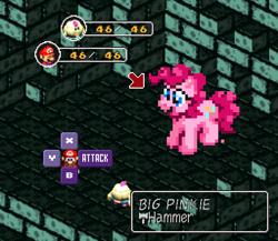 Size: 512x444 | Tagged: safe, artist:docwario, edit, character:pinkie pie, boss battle, crossover, macro, mallow, mario, rpg, rpg battle, super mario bros., super mario rpg