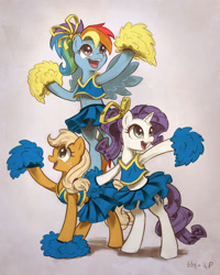 Size: 1200x1500 | Tagged: safe, artist:barbeque, artist:kp-shadowsquirrel, artist:kp-shadowsquirrel edits, edit, character:applejack, character:rainbow dash, character:rarity, species:pony, alternate hairstyle, armpits, bipedal, cheering, cheerleader, clothing, color edit, colored, happy, midriff, open mouth, pom pom, skirt