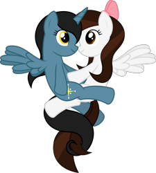 Size: 6400x7118 | Tagged: safe, artist:parclytaxel, oc, oc only, oc:starlight bridge, oc:suskewiet, species:alicorn, species:pegasus, species:pony, .svg available, absurd resolution, alicorn oc, are you frustrated?, bellyrubs, eye contact, female, flying, knot, lesbian, ribbon, simple background, transparent background, vector