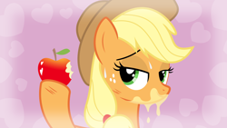 Size: 11200x6300 | Tagged: safe, artist:parclytaxel, character:applejack, episode:simple ways, g4, my little pony: friendship is magic, .svg available, absurd resolution, apple, apple juice, applejuice meme, bedroom eyes, eating, female, heart, messy eating, safe by show, solo, sweat, vector, wallpaper