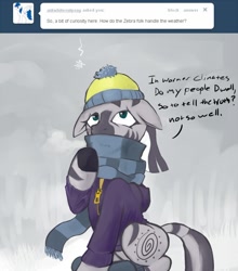 Size: 648x737 | Tagged: safe, artist:hobbes-maxwell, character:zecora, species:zebra, ask, ask zecora, clothing, female, hat, scarf, snow, snowfall, solo, tumblr