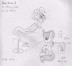 Size: 2247x2059 | Tagged: safe, artist:parclytaxel, character:pinkie pie, character:starlight glimmer, episode:the cutie map, g4, my little pony: friendship is magic, albumin flask, bottle, cutie mark, genie, geniefied, lineart, magic, monochrome, reference sheet, scared, sitting, sketch, traditional art
