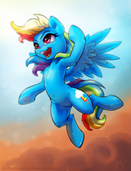 Size: 975x1275 | Tagged: safe, artist:kp-shadowsquirrel, part of a set, character:rainbow dash, species:pegasus, species:pony, armpits, belly button, chest fluff, ear fluff, female, fluffy, flying, mare, open mouth, solo, underhoof