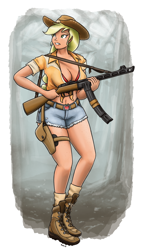 Size: 850x1487 | Tagged: safe, artist:king-kakapo, character:applejack, species:human, applebucking thighs, belly button, boots, breasts, busty applejack, cleavage, clothing, cowboy hat, daisy dukes, female, freckles, front knot midriff, gun, hat, holster, humanized, knot shirt, midriff, ppsh-41, shorts, socks, stetson, submachinegun, tokarev, tt-33, weapon