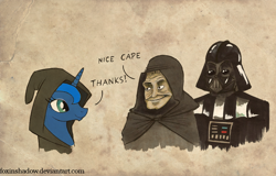 Size: 900x577 | Tagged: safe, artist:foxinshadow, character:princess luna, cape, cloak, clothing, crossover, darth vader, emperor, emperor palpatine, smiling, star wars