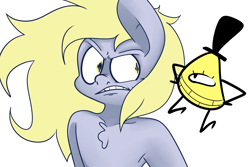 Size: 1280x853 | Tagged: safe, artist:extradan, character:derpy hooves, oc, oc:jerky hooves, angry, bill cipher, bust, chest fluff, duo, gritted teeth, looking at each other, nose wrinkle, simple background, white background