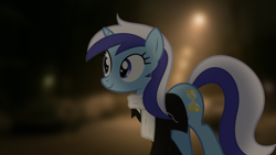Size: 2440x1373 | Tagged: safe, artist:bastbrushie, artist:parclytaxel, character:minuette, species:pony, species:unicorn, background pony, blurred background, clothing, dark, ear plugs, female, irl, light, mare, night, photo, ponies in real life, real life background, scarf, snow, solo