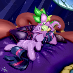 Size: 768x768 | Tagged: safe, artist:frist44, character:spike, character:twilight sparkle, ship:twispike, basket, bedroom, blushing, brush, brushing, cute, female, fluffy, male, on back, shipping, smiling, straight, twilight's castle, underhoof