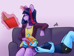 Size: 658x500 | Tagged: safe, artist:ambris, artist:lolopan, character:rainbow dash, character:twilight sparkle, species:anthro, species:pony, species:unicorn, ship:twidash, blouse, book, breasts, clothing, couch, eyes closed, female, glowing horn, head pat, horn, lesbian, magic, mare, pat, petting, reading, shipping, shorts, sleeping, smiling, telekinesis