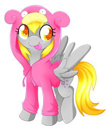 Size: 2836x3367 | Tagged: safe, artist:scarlet-spectrum, character:derpy hooves, species:pegasus, species:pony, clothing, crossover, cute, female, hoodie, mare, pokémon, simple background, sitting, slowpoke (pokémon), smiling, solo, spread wings, transparent background, wings