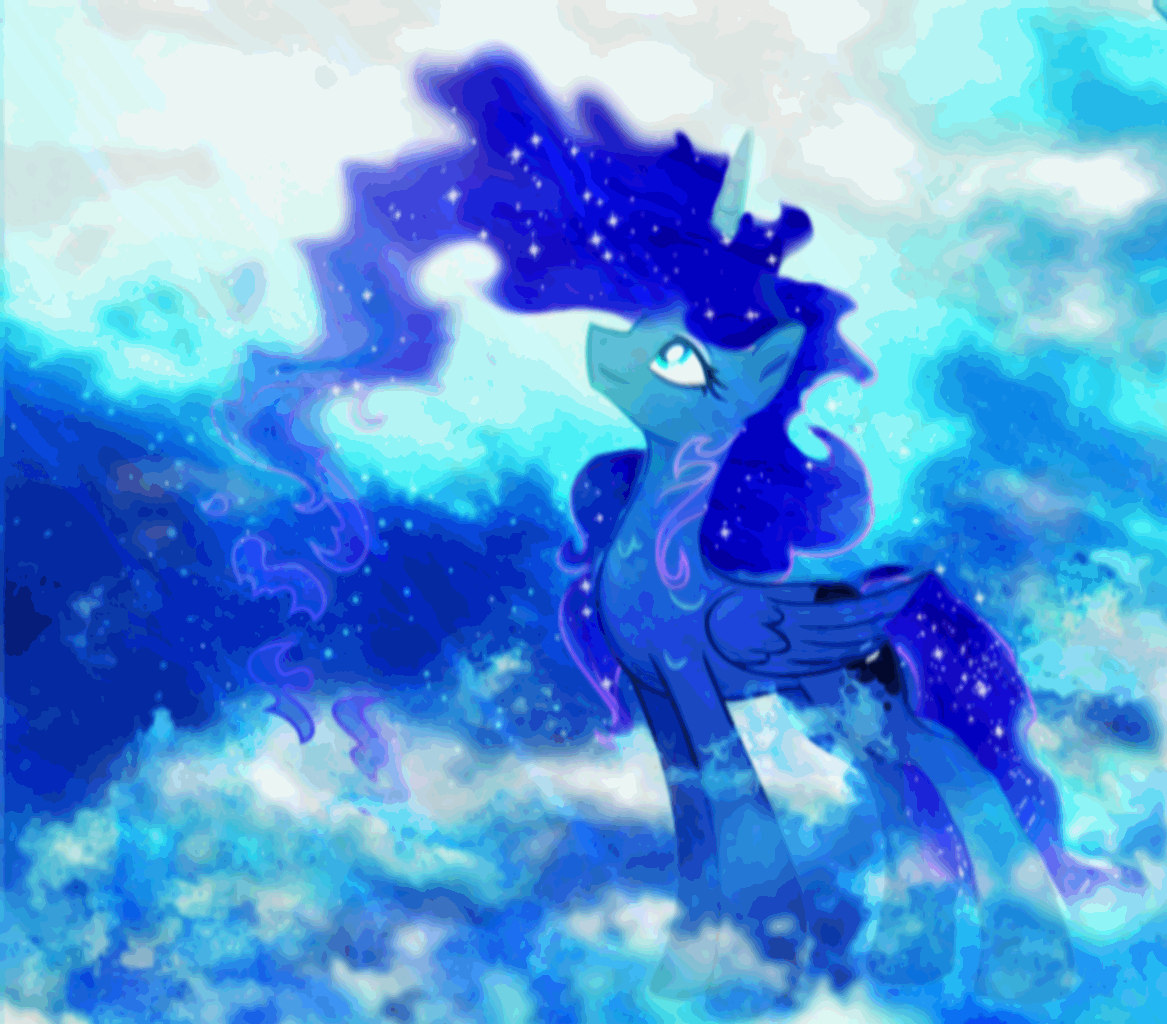 Size: 1167x1024 | Tagged: safe, artist:equum_amici, artist:kp-shadowsquirrel, artist:omniscient-duck, artist:spier17, character:princess luna, animated, cinemagraph, cloud, cloudy, ethereal mane, female, sky, solo, stars