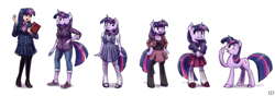 Size: 2560x899 | Tagged: safe, artist:king-kakapo, character:twilight sparkle, species:anthro, species:human, species:plantigrade anthro, species:pony, species:unguligrade anthro, g4, anthro chart, anthro ponidox, anthro with ponies, arm hooves, bipedal, book, clothing, cloven hooves, dress, female, frown, gasp, human anthrodox, humanized, line-up, mare, mary janes, open mouth, pantyhose, ponidox, profile, raised hoof, self paradox, self ponidox, semi-anthro, skirt, smiling, smirk, sneakers, socks, three quarter view, unshorn fetlocks, wide eyes, zettai ryouiki