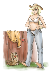Size: 900x1250 | Tagged: safe, artist:king-kakapo, character:applejack, species:human, barefoot, belly button, belt, boots, bra, clothing, dressing, feet, female, humanized, jeans, panties, sketch, solo, underwear, white underwear
