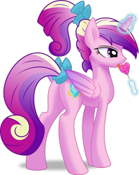 Size: 6400x8029 | Tagged: safe, artist:kp-shadowsquirrel, artist:parclytaxel, character:princess cadance, species:alicorn, species:pony, .svg available, absurd resolution, female, inkscape, levitation, licking, lollipop, lovebutt, magic, mare, open mouth, plot, ponytail, shading, simple background, solo, standing, tail bow, teen princess cadance, telekinesis, tongue out, transparent background, vector, younger