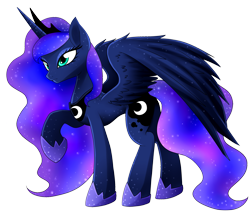 Size: 2845x2436 | Tagged: safe, artist:scarlet-spectrum, character:princess luna, eyeshadow, female, frown, high res, raised hoof, simple background, solo, sparkles, spread wings, transparent background, wings