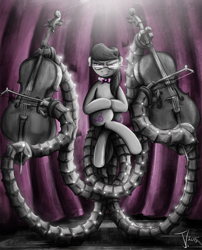 Size: 1008x1250 | Tagged: safe, artist:jamescorck, character:octavia melody, cello, crossed legs, crossover, doctor octavia, doctor octopus, female, frown, glare, glasses, looking at you, marvel, musical instrument, otto octavius (marvel comics), solo, spider-man, tentacles