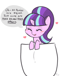 Size: 711x838 | Tagged: safe, artist:mt, character:starlight glimmer, species:pony, species:unicorn, episode:the cutie map, g4, my little pony: friendship is magic, animal farm, blushing, cute, eyes closed, female, glimmerbetes, heart, mare, mini, pocket, pocket pony, smiling, stalin glimmer, tiny ponies