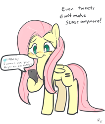 Size: 711x838 | Tagged: safe, artist:mt, character:fluttershy, episode:the cutie map, g4, my little pony: friendship is magic, cellphone, dialogue, even tweets don't make sense anymore, female, meta, phone, simple background, smartphone, solo, speech bubble, twitter, white background