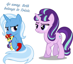 Size: 3129x2747 | Tagged: safe, artist:zacatron94, character:starlight glimmer, character:trixie, character:twilight sparkle, character:twilight sparkle (alicorn), oc, oc:sethisto, species:alicorn, species:pony, episode:the cutie map, g4, my little pony: friendship is magic, dialogue, female, hilarious in hindsight, mare, plushie, s5 starlight, sethisto, sethxie, simple background, transparent background, vector