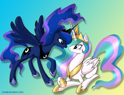 Size: 3527x2700 | Tagged: safe, artist:danmakuman, character:princess celestia, character:princess luna, species:alicorn, species:pony, blushing, high res, horns are touching, prone, royal sisters, sisterly love, sisters, spread wings, wings