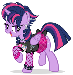 Size: 1168x1200 | Tagged: safe, artist:pixelkitties, character:princess celestia, character:twilight sparkle, character:twilight sparkle (alicorn), species:alicorn, species:pony, episode:castle sweet castle, g4, my little pony: friendship is magic, alternate hairstyle, bedroom eyes, bow, bracelet, british, button, clothing, ear piercing, earring, female, flirting, folded wings, god save the queen, mare, misfits, misspelling, mod, necklace, no chola, open mouth, piercing, punk, punklight sparkle, raised hoof, safety pin, sex pistols, shirt, simple background, skirt, smiling, solo, spiked wristband, sticker, stockings, tail bow, the pogues, torn clothes, transparent background, twilight punkle, vector