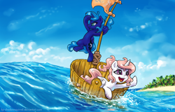 Size: 1250x800 | Tagged: safe, artist:kp-shadowsquirrel, character:princess celestia, character:princess luna, species:alicorn, species:pony, armpits, beach, boat, cewestia, cute, cutelestia, duo, female, filly, foal, lunabetes, ocean, open mouth, royal sisters, sisters, smiling, water, woona