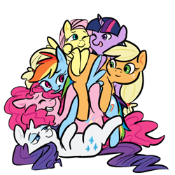 Size: 500x500 | Tagged: safe, artist:mt, character:applejack, character:fluttershy, character:pinkie pie, character:rainbow dash, character:rarity, character:twilight sparkle, species:earth pony, species:pegasus, species:pony, species:unicorn, eyes closed, female, freckles, group hug, hug, lidded eyes, mane six, mare, one eye closed, pony pile, simple background, smiling, white background