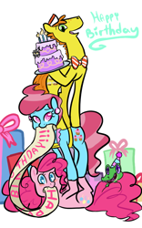 Size: 500x800 | Tagged: safe, artist:mt, character:carrot cake, character:cup cake, character:gummy, character:pinkie pie, cake, cake family, present