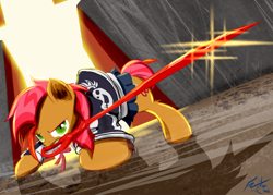 Size: 1232x880 | Tagged: safe, artist:frist44, character:babs seed, species:pony, episode:bloom and gloom, g4, my little pony: friendship is magic, antagonist, clothing, crossover, cutie mark, female, kill la kill, mouth hold, obari pose, ryuko matoi, scissor blade, scissors, solo, that was fast