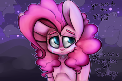 Size: 2000x1333 | Tagged: safe, artist:extradan, character:pinkie pie, crying, disembodied thoughts, female, sad, solo