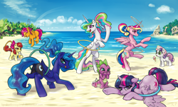 Size: 2000x1200 | Tagged: safe, artist:kp-shadowsquirrel, character:apple bloom, character:princess cadance, character:princess celestia, character:princess luna, character:scootaloo, character:spike, character:sweetie belle, character:twilight sparkle, character:twilight sparkle (alicorn), species:alicorn, species:dragon, species:earth pony, species:pegasus, species:pony, species:unicorn, :o, :q, adorabloom, alicorn tetrarchy, alternate hairstyle, annoyed, balancing, beach, bipedal, coach, cute, cutealoo, cutedance, cutelestia, cutie mark crusaders, diasweetes, drink, eyes closed, face down ass up, featureless crotch, female, filly, floppy ears, fluffy, flying, foal, frown, glare, grumpy, hoof hold, ice cream, laughing, leg fluff, levitation, licking lips, lidded eyes, looking at someone, looking at something, looking back, loop-de-hoop, lunabetes, magic, mare, messy mane, missing accessory, moonbutt, open mouth, plot, ponytail, prehensile tail, prone, raised hoof, raised leg, rearing, royal sisters, scootaloo can fly, shoulder fluff, smiling, smirk, spikabetes, spread wings, straw, stuck, sweat, sweatdrop, sweet dreams fuel, tail hold, telekinesis, tongue out, twiabetes, twilight is not amused, unamused, underhoof, whistle, wing fluff, wings