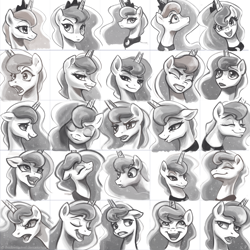 Size: 1500x1500 | Tagged: safe, artist:kp-shadowsquirrel, character:princess luna, species:pony, angry, expressions, eyes closed, facial expressions, female, happy, looking at you, mare, monochrome, open mouth, sketch dump, smiling, solo