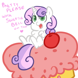 Size: 450x450 | Tagged: safe, artist:mt, character:sweetie belle, species:pony, species:unicorn, cupcake, female, filly, on back, pretty please, solo