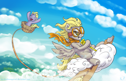 Size: 1250x800 | Tagged: safe, artist:kp-shadowsquirrel, character:derpy hooves, character:dinky hooves, species:pegasus, species:pony, bucket, cheering, clothing, cloud, cloudy, cute, epic derpy, equestria's best mother, eyes closed, female, flying, goggles, grin, happy, mare, open mouth, scarf, smirk, spread wings, twilight scepter, underhoof, wings