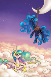 Size: 1333x2000 | Tagged: safe, artist:kp-shadowsquirrel, character:nightmare moon, character:princess celestia, character:princess luna, species:alicorn, species:pony, g4, banishment, blep, clothing, cloud, cloudy, crescent moon, crown, cute, duo, eyebrows, eyebrows visible through hair, female, floppy ears, frown, hoof shoes, jewelry, levitation, lying down, magic, mare, moon, necklace, nightmare luna, peytral, profile, prone, regalia, rope, shoes, sibling teasing, sisters, sky, smiling, stars, suspended, tangible heavenly object, tea, teacup, teapot, teasing, telekinesis, tied up, tongue out, transparent moon, trollestia, unamused