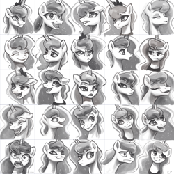 Size: 1500x1500 | Tagged: safe, artist:kp-shadowsquirrel, character:princess luna, species:pony, :o, bedroom eyes, expressions, eyes closed, facial expressions, female, floppy ears, frown, glare, grin, gritted teeth, grumpy, happy, laughing, mare, monochrome, open mouth, portrait, raised eyebrow, shocked, sketch dump, smiling, smirk, smug, unamused, wide eyes