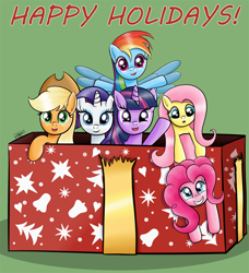 Size: 750x823 | Tagged: safe, artist:ratofdrawn, character:applejack, character:fluttershy, character:pinkie pie, character:rainbow dash, character:rarity, character:twilight sparkle, christmas, looking at you, mane six, present