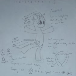 Size: 2710x2709 | Tagged: safe, artist:parclytaxel, oc, oc only, oc:ambrisett, species:pony, species:unicorn, bipedal, chaos star, cutie mark, heart, knot, knot theory, lineart, math, mechanical pencil, monochrome, reference sheet, sketch, smiling, solo, srinivasa ramanujan, standing, summation, traditional art, windswept mane, wip