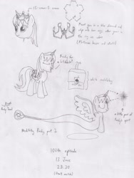 Size: 2368x3156 | Tagged: safe, artist:parclytaxel, character:blue diamond, oc, oc only, oc:parcly taxel, species:alicorn, species:pony, 15-crown-5, accessories, albumin flask, alicorn oc, bag, chemistry, crown, crown ether, eyes closed, floating, genie, genie pony, horn ring, key sync, levitation, lineart, meditation, monochrome, new crown, pun, ruby, saddle bag, science, solo, spirit, third eye, traditional art, visual gag