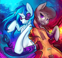 Size: 1170x1080 | Tagged: safe, artist:hobbes-maxwell, character:dj pon-3, character:octavia melody, character:vinyl scratch, species:earth pony, species:pony, species:unicorn, cello, electricity, female, mare, musical instrument, smiling