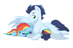 Size: 3000x2000 | Tagged: safe, artist:kianamai, character:rainbow dash, character:soarin', oc, oc:prism bolt, parent:rainbow dash, parent:soarin', parents:soarindash, kilalaverse, ship:soarindash, family, father and son, female, like father like son, like mother like son, male, mother and son, next generation, offspring, shipping, simple background, sleeping, spread wings, straight, white background, wing blanket, wings