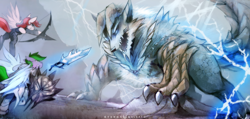 Size: 1300x621 | Tagged: safe, artist:foxinshadow, oc, species:pegasus, species:pony, arrow, bow (weapon), bow and arrow, crossover, hunter, lightning, monster hunter, shield, sword, weapon, zinogre