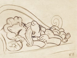 Size: 800x600 | Tagged: safe, artist:kp-shadowsquirrel, character:pinkie pie, character:rarity, species:earth pony, species:pony, species:unicorn, ship:raripie, couch, cute, fainting couch, female, lesbian, mare, monochrome, shipping, sketch, sleeping