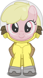 Size: 1473x2681 | Tagged: safe, artist:zacatron94, oc, oc only, oc:puppysmiles, species:earth pony, species:pony, fallout equestria, fallout equestria: pink eyes, fanfic, fanfic art, female, filly, foal, hazmat suit, hooves, looking at you, simple background, smiling, solo, transparent background, vector