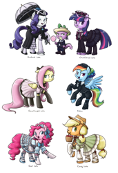 Size: 1370x2000 | Tagged: safe, artist:king-kakapo, character:applejack, character:fluttershy, character:pinkie pie, character:rainbow dash, character:rarity, character:spike, character:twilight sparkle, :t, apple, aristocrat, basket, boots, bow tie, casual lolita, clothing, cloven hooves, country lolita, dress, floppy ears, frilly dress, frown, glare, grin, hat, kodona, lolita fashion, lollipop, mane seven, mane six, mary janes, mouth hold, open mouth, raised hoof, raised leg, rearing, ribbon, sailor uniform, skirt, smiling, spread wings, squee, stockings, sweet lolita, umbrella, unamused, unshorn fetlocks, wings, wink