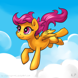Size: 1500x1500 | Tagged: safe, artist:kp-shadowsquirrel, character:scootaloo, species:pegasus, species:pony, female, flying, scootaloo can fly, solo