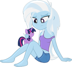 Size: 3340x3089 | Tagged: safe, artist:zacatron94, character:trixie, character:twilight sparkle, character:twilight sparkle (alicorn), species:alicorn, species:pony, my little pony:equestria girls, barefoot, belly button, cleavage, clothing, feet, female, high res, implied twixie, midriff, plushie, shorts, simple background, tank top, teary eyes, transparent background, vector